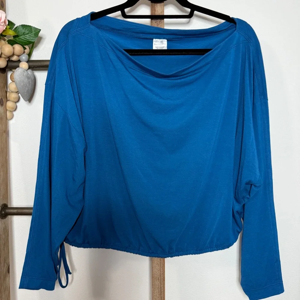 Athleta Blue Boat Neck Dolman Sleeve Cinched Hem Crop Top Women's Medium - Picture 3 of 9